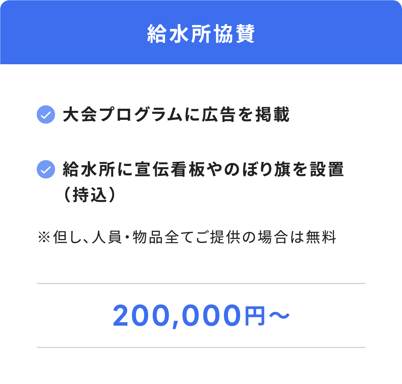 給水所協賛(大会プログラムに広告を掲載。給水所に宣伝看板やのぼり旗を設置)